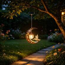 Vintage Solar Powered Hanging Moon Light With Hummingbird Hollow Design, Metal Crescent Moon Shaped Outdoor Decorative Lantern For Garden - Hummingbird Pendant Light - View 6