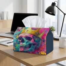 1 buah Kotak Tisu Multifungsi, Desain Pop Art yang Cerah - Tengkorak Berwarna-warni dengan Mahkota, Organizer Penyimpanan Poliester Tahan Lama, Cocok untuk Dekorasi Rumah Natal, Ruang Tamu, Kamar Tidur, Dapur, Dekorasi Rumah, Perlengkapan Pesta - MultiWarna - View 2
