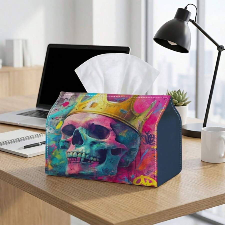 1 buah Kotak Tisu Multifungsi, Desain Pop Art yang Cerah - Tengkorak Berwarna-warni dengan Mahkota, Organizer Penyimpanan Poliester Tahan Lama, Cocok untuk Dekorasi Rumah Natal, Ruang Tamu, Kamar Tidur, Dapur, Dekorasi Rumah, Perlengkapan Pesta