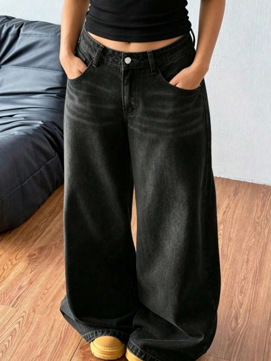 Teenagers' Fashionable Wide-Leg Black Casual Denim Jeans - Black - View 1