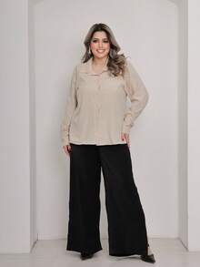 Women's Plus Size Plain Collared Dress Shirt With Long Sleeves - 米色 - 查看 4