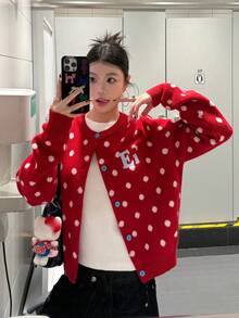 Autumn/Winter Retro Sweet Soft Cozy Lazy Polka Dot Knit Cardigan - Red - View 3