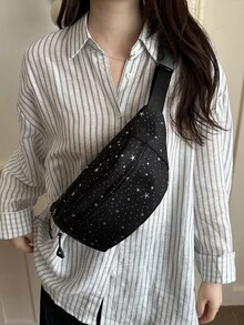 星星圖案女款斜挎包，甜美小眾風格，百搭休閒腰包，輕量單肩包，適合學生 - 黑色 - 查看 4