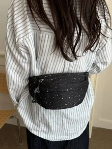 星星圖案女款斜挎包，甜美小眾風格，百搭休閒腰包，輕量單肩包，適合學生 - 黑色 - 查看 5