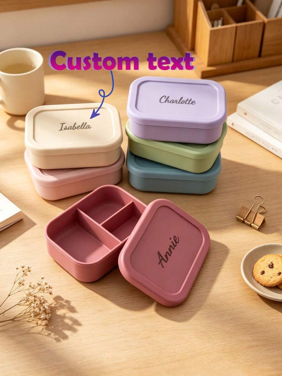 1pc Customized Text Logo Personalized 3-Compartment Silicone Lunch Box, Custom Lunch Box, Custom Bento Box, Custom Food Storage Container, Customized Lunch Box With Name And Pattern, Food Container, Bento Lunch Box, Silicone Lunch Box With Dividers, Perfect For Work And Travel - Multi-color 2 - View 1