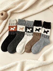 1 Pair/5 Pairs Women's New Autumn/Winter Vintage Japanese Fair Isle Warm Thick Fuzzy Cartoon Cute Puppy Pattern Mid-Calf Socks - Multicolor - View 11