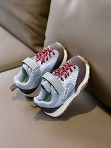 1 Pair Vintage Contrast Color Shoelace Design, Breathable Mesh Baby Steady Walking Sports Shoes - Grey - View 5