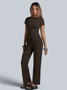 NcmRyu Conjunto deportivo de mujer de un solo color con cuello redondo, manga corta, cordón y pantalones de pierna recta - Marrón Mocha - Ver 7