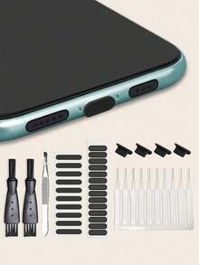 Type-C Phone Cleaning & Maintenance Kit, Includes Dust Plug, Speaker Protector, Tweezers, And Keyboard Cleaning Brush - Black and White - View 1