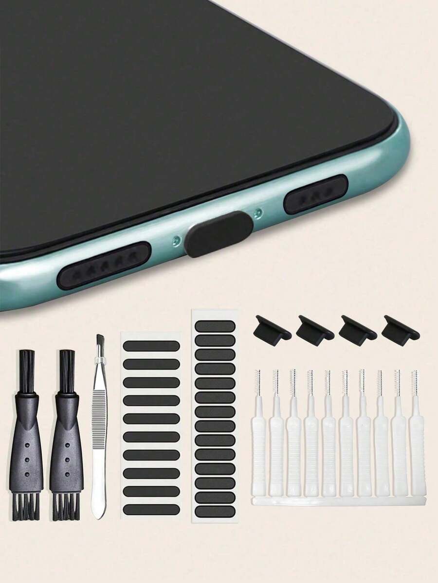 Type-C Phone Cleaning & Maintenance Kit, Includes Dust Plug, Speaker Protector, Tweezers, And Keyboard Cleaning Brush - Black and White - View 1