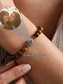 Pulsera de proyección colorida personalizada, joyería de cuentas de turquesa para parejas, regalo romántico para la novia, Día de San Valentín, cumpleaños - piedra de ojo de tigre marrón - Ver 2