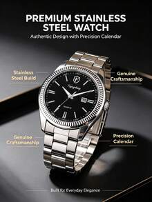 Fashionable Elegant Steel Band Quartz Watch, Calendar Design, Scale Design, Holiday Gift, Daily Versatile, Back To School Season - Black - View 7