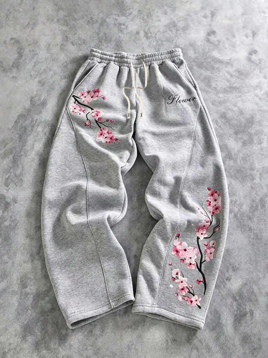 Big Boys Gray Floral Pink Cherry Blossom Letter Print Sweatpants, Autumn Street Style Hiking Joggers, Loose Wide Leg Long Pants - Light Grey - View 1