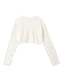 Women's White Cropped Semi-Sheer Knit Top, Long Sleeve Crew Neck Summer - White - View 6