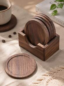 1pc Black Walnut Wood Coaster / 1 Set Coaster Set, Round Wooden Beverage Coasters, Suitable For Coffee Cups, Tea Cups And Glassware, Rustic Minimalist Desktop Decor For Kitchen, Restaurant, Office And Home - walnut color - View 5
