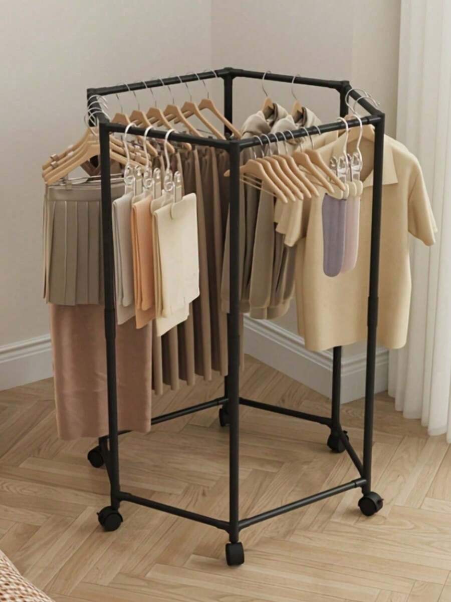 360° Rotating Hexagonal Heavy-Duty Rolling Clothes Drying Rack With Wheels, Strong Load-Bearing Capacity, Stylish Design, Multiple Options, Space-Saving, Sturdy Metal Floor-Standing Multi-Bar Drying Rack, Suitable For Bedroom, Balcony, Room, Dorm, Hotel, Holiday Gift - Multicolor - View 1