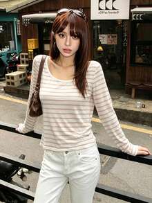 1pc Women's Striped Long Sleeve Knit T-Shirt, Design Asymmetric Shoulder Top, Summer Lightweight Asymmetric Neck T-Shirt - Pink - View 6