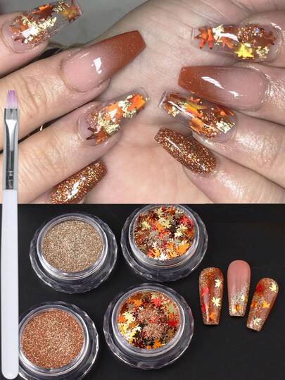 Set 4 Kotak Serbuk Glitter Kuku Daun Maple Merah Emas Holografis dengan 1 Kuas, Serbuk Seni Kuku Y2K, Serbuk Seni Kuku Daun Musim Gugur, Payet Musim Gugur, Hiasan Glitter Kuku, Perlengkapan Seni Kuku, Dekorasi