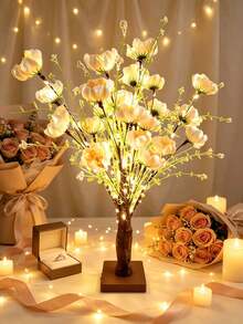 1pc 60CM Poppy Azalea Tree Light, 24 LED Warm White, 3-Section 5 AA Battery Box & USB Dual Power, Artificial Flower Tree Ambient Light, Girly Bedroom Desk Wedding Valentine's Day Proposal Party Homestay Live Stream Background Decor Ornament - Yellow - View 6