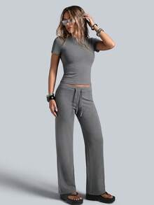 NcmRyu Conjunto deportivo de mujer de un solo color con cuello redondo, manga corta, cordón y pantalones de pierna recta - Gris Oscuro - Ver 7