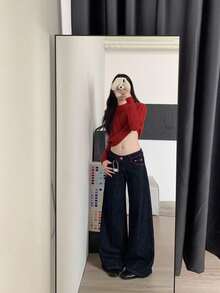 Celana Jeans Wanita Gaya Amerika Hot Girl Colorblock Pinggang Rendah Kaki Lebar Lurus Longgar Ramping Model Drape Panjang Hingga Lantai - Hitam - View 2