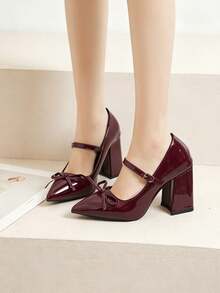 Coquette Style Glossy Mary Jane Heels, Front Bow Ornament Pointed Toe Chunky Block Heel Pumps, Retro Street Style Dress Matching Shoes - Burgundy - View 12