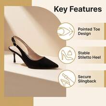 Women's Black Suede Pointed Toe Stiletto Heel Slingback Pumps With Metal Buckle, Elegant High Heels Suitable For Daily, Office, Party, Closed Toe Backless Sandals - Black - View 2