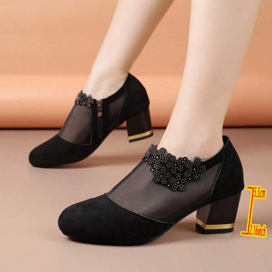 Fashion Mesh Summer Thin Women's Shoes Comfortable New Hollow Mesh Design Chunky Low Heel - Black - View 1