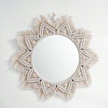1pc Bohemian Style Wooden Printed Tassel Wall Mirror, Faux Woven Hanging Mirror, Living Room Bedroom Wall Decor, Premium Wall Decoration, Suitable As Thanksgiving, Christmas, Halloween Gift, Also For Bedroom Decoration, Ideal Gift For Friends And Family - Beige - View 2