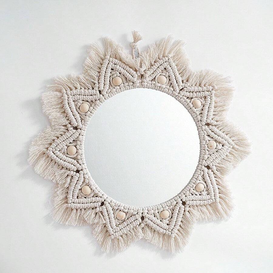 1pc Bohemian Style Wooden Printed Tassel Wall Mirror, Faux Woven Hanging Mirror, Living Room Bedroom Wall Decor, Premium Wall Decoration, Suitable As Thanksgiving, Christmas, Halloween Gift, Also For Bedroom Decoration, Ideal Gift For Friends And Family