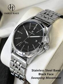 1pc Pablo Raez Stainless Steel Minimalist Men's Wristwatch, Smooth Pointer, Brand New AAA-Grade Business Men's Wristwatch, Genuine Original, Charming Luxury, Solid Steel Thick Band, Fashionable Metal Dial Design With Date Display, 50M Water Resistant, Men's Quartz Formal/Casual Wristwatch, Exquisite Gift For Friends Or Family, Father's Day Gift, Suitable For Daily Life/Work/Party Attire, Popular Clock, Birthday/Graduation/Wedding Gift - 均碼 - 查看 16