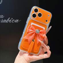 Dompet Kartu dengan Pita Satin dan Hiasan Bunga Camellia Perak, Tali Pergelangan Tangan, Kontras Dua Warna, Jendela Kamera Besar, Casing Ponsel Transparan, Dompet Saku, Tahan Guncangan dan Anti Jatuh, Pelindung Ponsel, Casing Tipis TPU Lembut Transparan Anti-Kuning, Kompatibel dengan iPhone 13 14 15 16 17 Pro Max - Jeruk - View 3