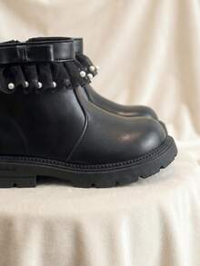 1 Pair 2026 New Girls' Mesh Pearl Ankle Boots, Bow Side Zipper Thick Sole Design, Sweet Fairy Princess Style, Suitable For Autumn/Winter Outings And Dress Matching - Black - View 5