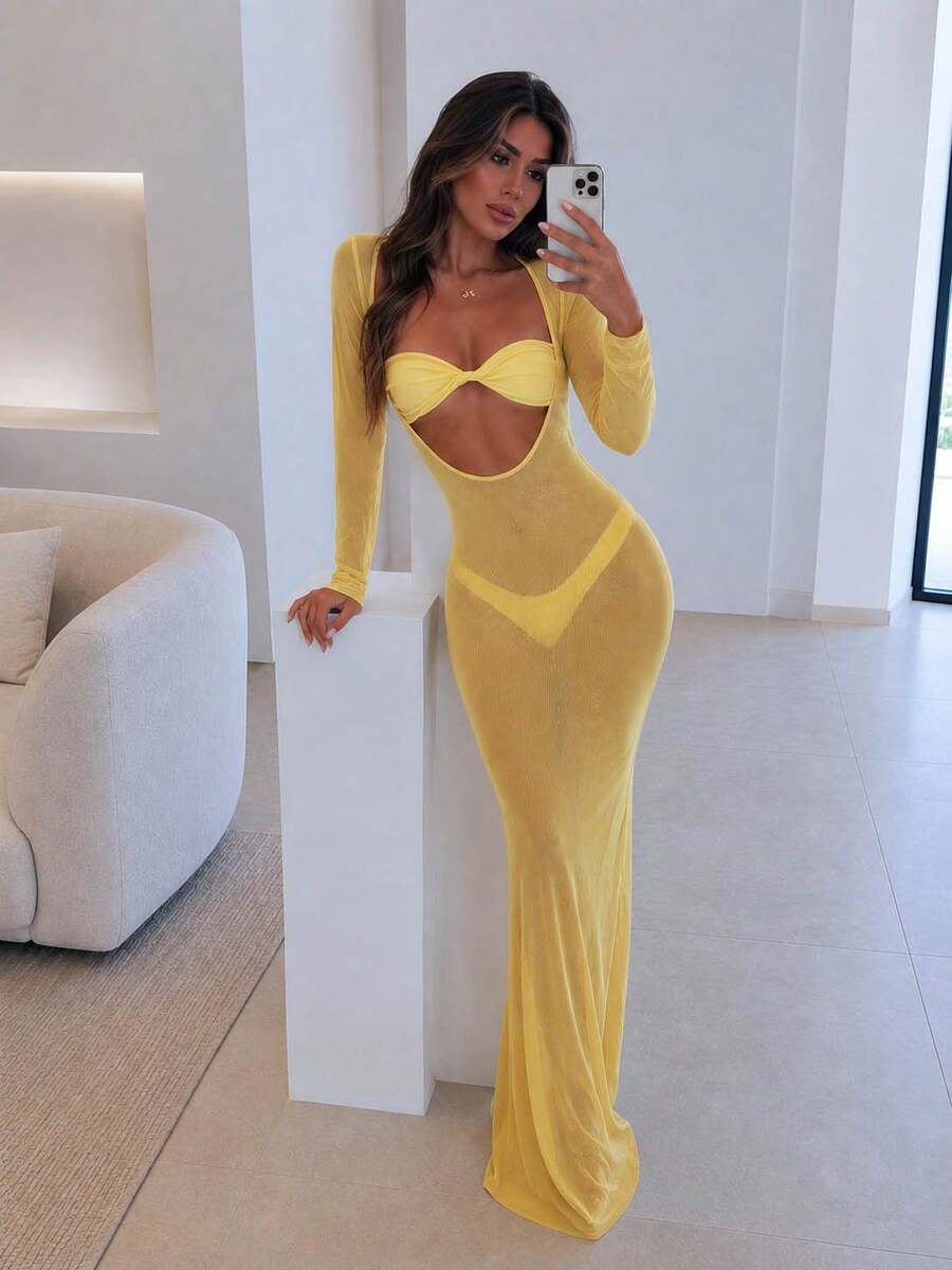 Women's Summer Beach Solid Color Bandeau Sexy Fashion Bikini Two-Piece Swimsuit Set With Cover-Up Dress - Yellow - View 1