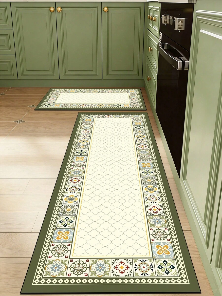 1pc Of Green Floral Tile Rubber Soft Floor Mat For The Kitchen, A Water-Absorbing Mat That Is Easy To Clean And Suitable For Use In Kitchens, Bathrooms, And Other Areas. It Is Suitable For Use Throughout The Year And For Various Holidays. - Multicolor - View 1