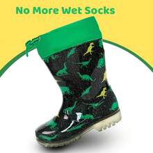 HSYAAMOO Boys' Black Glitter Dinosaur Print Drawstring Cuff Rain Boots, Transparent Thick Sole Non-Slip Rubber Mid-Calf Waterproof Rubber Shoes For Outdoor Water Play - Dark Green - View 6