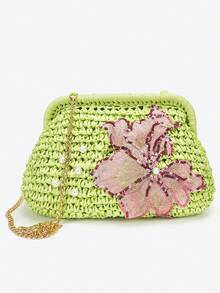 Dedoo 花卉刺繡編織草編手拿包，珍珠裝飾金屬鍊條復古夏季斜挎女款手提包，適合海灘派對與度假 - 綠色 - 查看 4