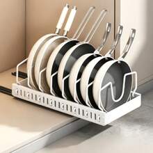 Adjustable Pull‑Out Pot Pan Organizer Rack, Vertical Cookware Holder With Hooks For Pots, Pans & Lids, Space‑Saving Large‑Capacity Easy‑To‑Install & Easy‑To‑Clean Kitchen Cabinet Drawer Storage Accessory For Home Kitchen Organization - White - View 12