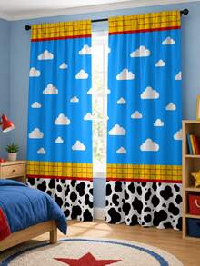 2pcs Color Block Cow & Cloud Rod Pocket Curtains, Polyester Fabric, American Style Patchwork Print, Fashion Living Room Bedroom Home Fabric Curtains - Multicolor - View 2