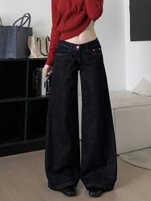 Celana Jeans Wanita Gaya Amerika Hot Girl Colorblock Pinggang Rendah Kaki Lebar Lurus Longgar Ramping Model Drape Panjang Hingga Lantai - Hitam - View 5