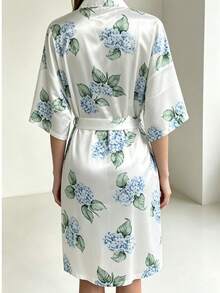 1件女款純色優雅綁帶秋冬浴袍，性感短款緞面絲綢柔軟，適合新娘、伴娘、居家使用，婚禮季短洋裝禮服字母刺繡晨袍睡袍 - 青色花紋 - 查看 4