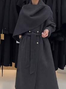 Women's Dark Grey Long Wool Coat, Double-Breasted Design, Belted Waist, Comfortable Large Lapel, Suitable For Cold Weather, Nyfw - Carbon Black - View 5