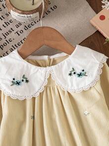 Baby Girl Floral Embroidered Peter Pan Collar Long Sleeve Bodysuit - Beige - View 4