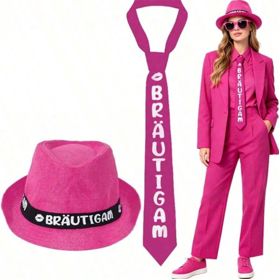 3pcs Groom Theme Set: Pink Hat + Fashion Glasses + Tie, Bachelor Party Costume Props, 1980s Fashion Accessories,Halloween - Hot Pink - View 1
