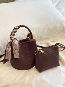 Bolso de cubo para mujer, versátil y elegante de unicolor y a rayas rojo vino con pañuelo, adecuado para compras y viajes, incluye una pequeña bolsa - Burdeos - Ver 3