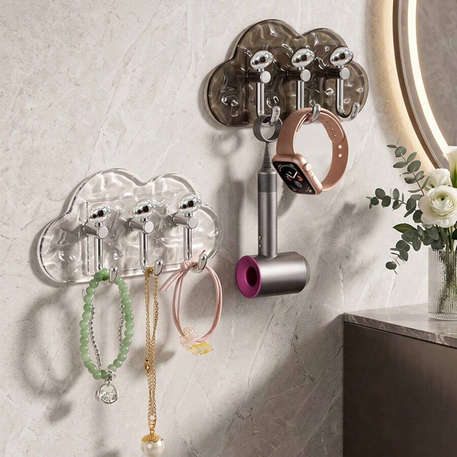 Luxury Water Ripple Cloud Design No-Drill Strong Adhesive Hooks, Bathroom Towel Rack, Entryway Key & Bag Holder, Bedroom Hair Tie & Jewelry Organizer, Kitchen Damage-Free Wall-Mounted Storage Hooks - Multicolor - View 1