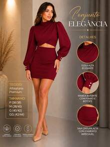 Women's Tailored Set Cropped Long Puff Sleeve And Short Skirt Elegant Party Fashion Autumn Winter - 酒紅色 - 查看 2