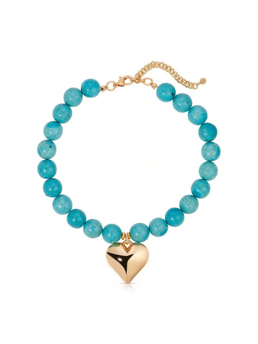 European And American Natural Thick Turquoise Abacus Bead Collarbone Chain With Large Heart Pendant Necklace - Golden Heart Necklace - View 1