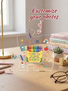 1pc Customized Teacher Name Puzzle Shaped Acrylic Plaque, Personalized Teacher Appreciation Keepsake, Cute Crayon And School Supplies Design, Transparent Acrylic Decor, Teacher's Day, End Of School Year And Back To School Season Teacher Educator Gift - Multicolor - View 2