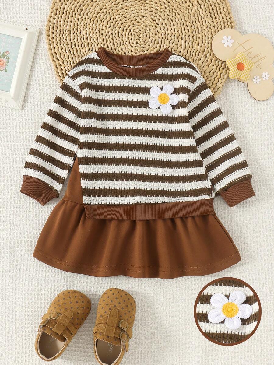 1pc Baby Girls Vintage Mori Style 3D Floral Decor Striped Textured Fabric Patchwork Low Waist Ruffle Hem Long Sleeve Round Neck Dress Spring Autumn - Coffee Brown - View 1